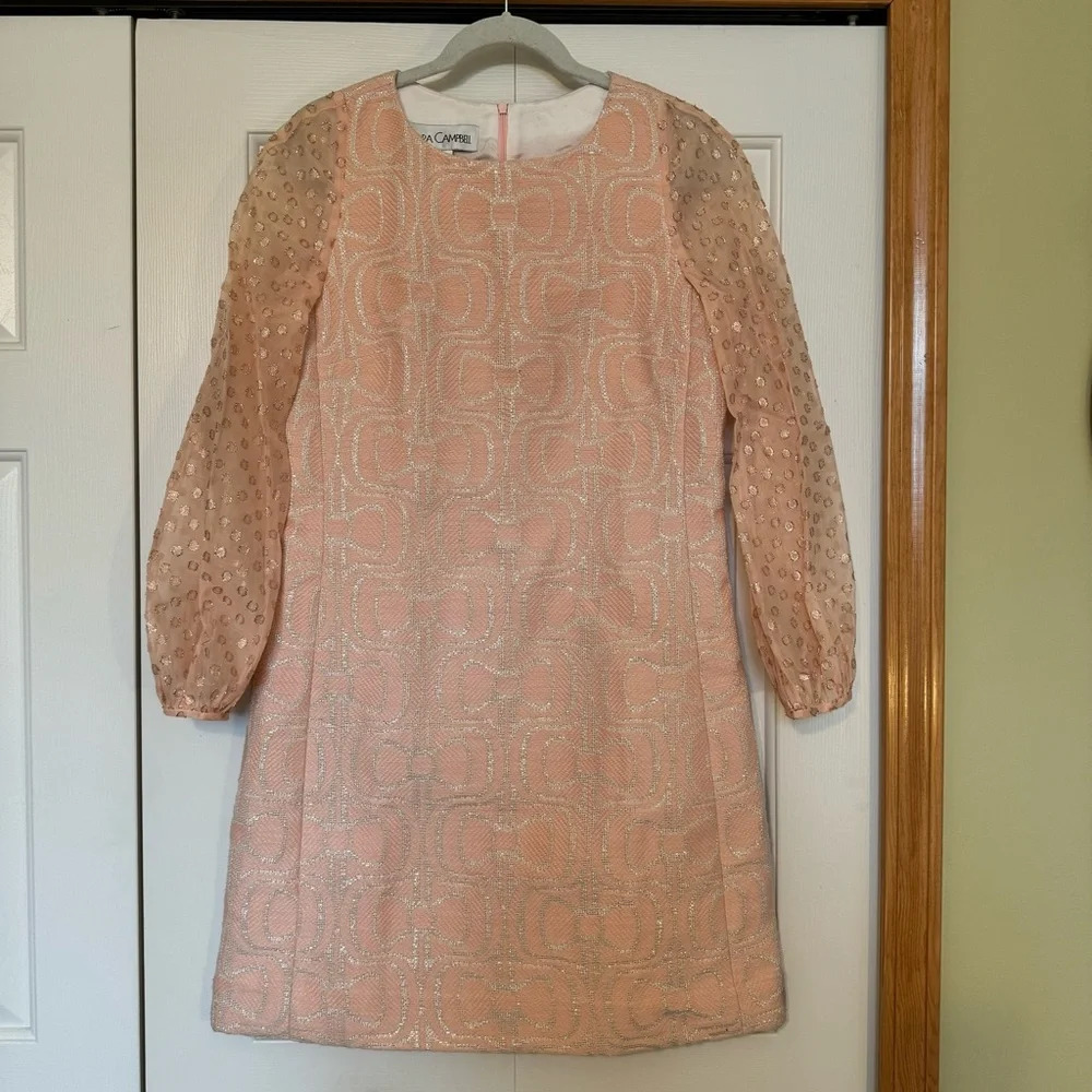 Sara Campbell Retro Style Shimmery Pink and Gold Long Sheer Sleeve Sheath Dress‎